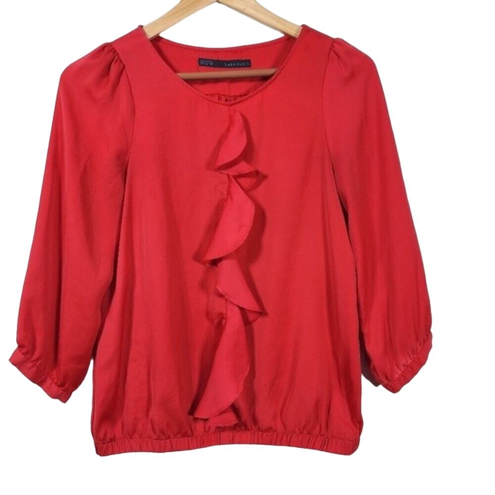 Women's Red Zara Basics 3/4 Sleeve Ruffled Blouse Size XS